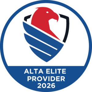 A circular badge with a red eagle head and blue shield logo above the text "ALTA ELITE PROVIDER 2026" in white on a blue background.